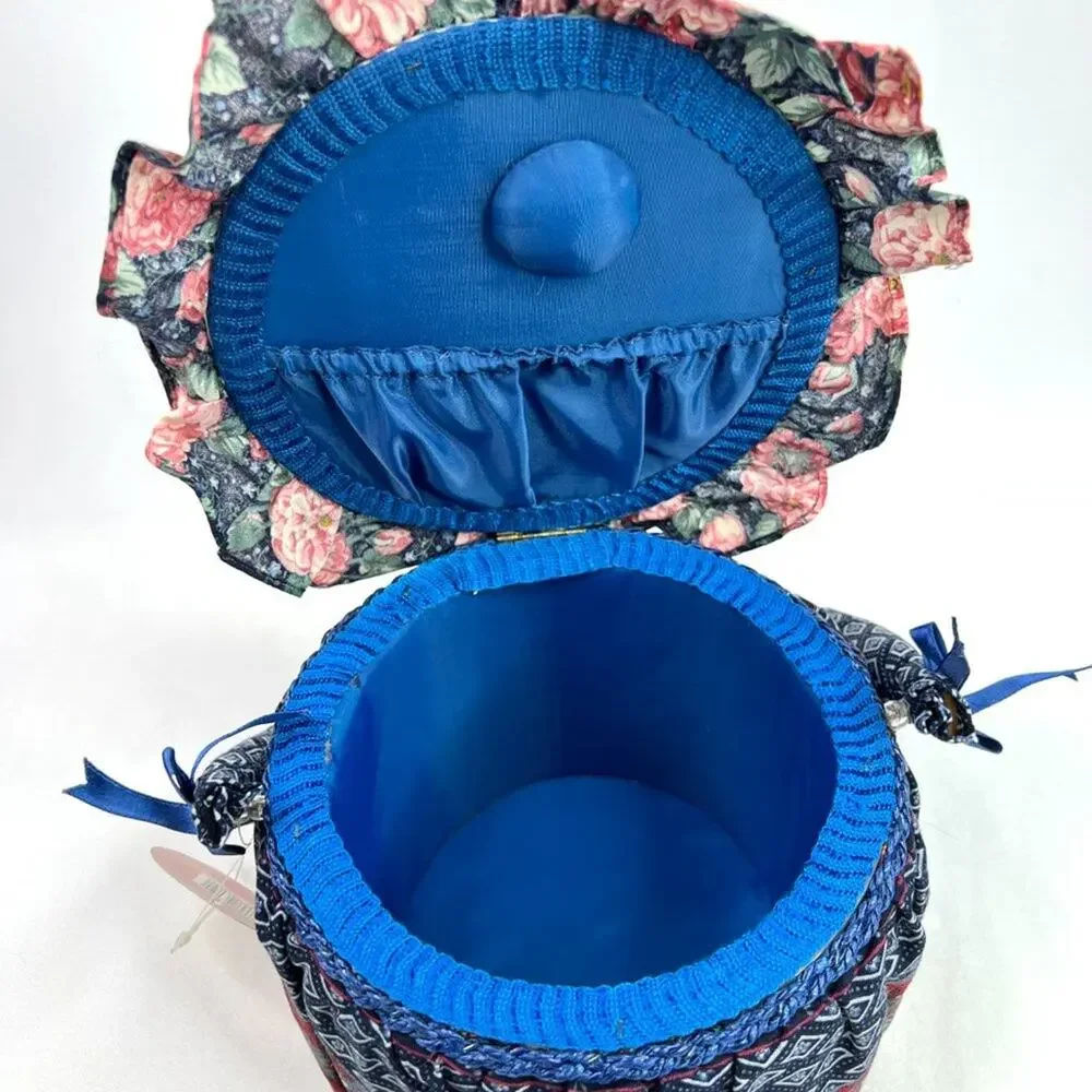 NWT Vintage Crafted With Love Fabric Pattern Sewing Basket With Handle